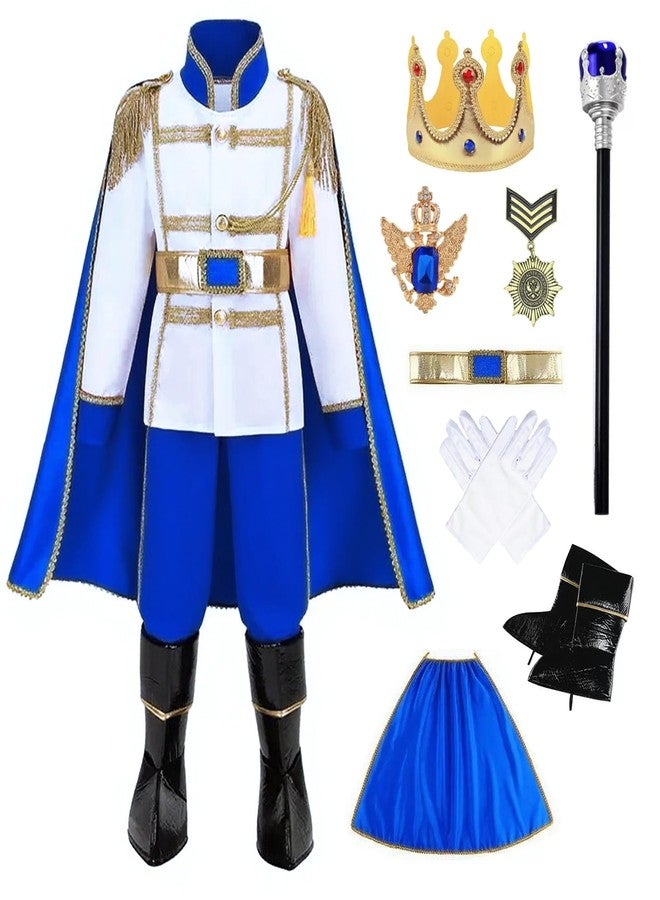 Akokvlar 9 Pcs Prince Charming Costume for Boys Medieval Royal King Outfits for Kids (Blue, 7-8 Years) - Image 1